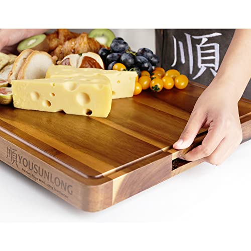 YOUSUNLONG Schneidebrett aus Akazienholz - 3.8cm dick mit Juice Groove und Griffen - 50.8 x 40.6 cm große Schneidebretter - Anti-Rutsch-Matten Dickes nachhaltiges Küchen-Schneidebrett - Geschenkpapier