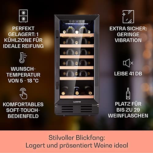 Klarstein Weinkühlschrank Freistehend, Kleiner Getränkekühlschrank Schmal mit 1 Zone Weinkühlschrank mit Glastür