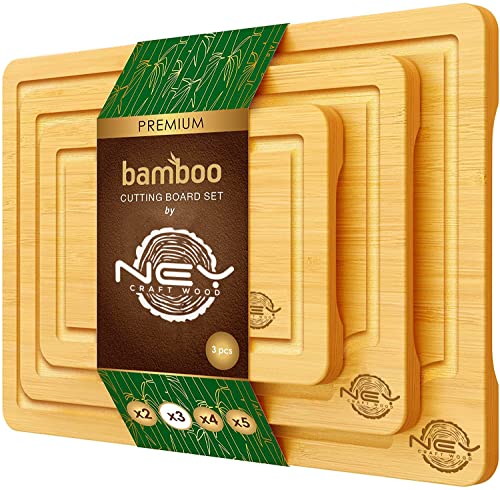 2 in 1 großes Premium Schneidebrett aus Holz und Bambus | 3er Set | Schneidebrett Set mit Saftrille | Professionelle Qualität für die Küche | Perfekte Schneidebretter für Brot, Fleisch, Obst