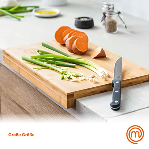 MasterChef Schneidebrett Holz, Holzbrett Küche aus Bambus, für Fleisch, Schinken, Brot, Käse, mit Saftrille und Anschlagkante, Natürlich, Nachhaltig, Spülmaschinenfest