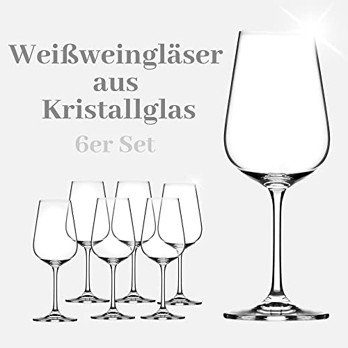 KADAX Weißweingläser aus Kristallglas, 6er Set, 360ml, mit langem Stiel