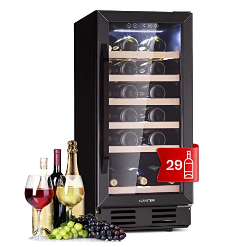 Klarstein Weinkühlschrank Freistehend, Kleiner Getränkekühlschrank Schmal mit 1 Zone Weinkühlschrank mit Glastür