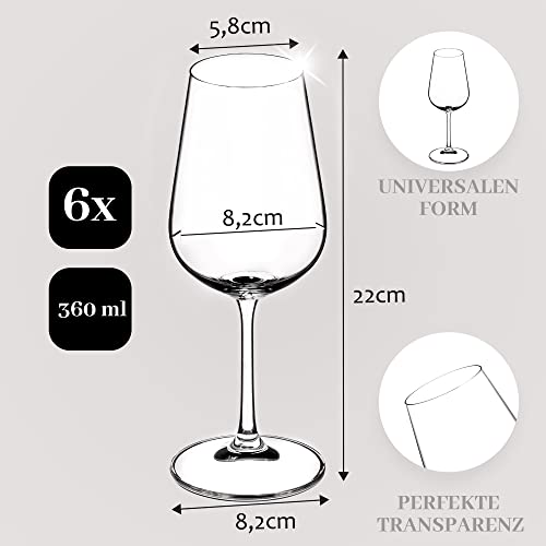 KADAX Weißweingläser aus Kristallglas, 6er Set, 360ml, mit langem Stiel