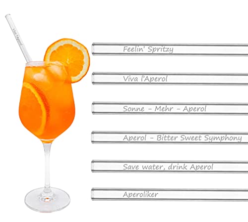 BRILLIANT INFUSION | Glas-Strohhalme APEROL SPRÜCHE | 6x20cm | Aperol Spritz Geschenk-Set | Aperol Strohhalme Glas | Aperol Glasstrohalm Set ohne Aperol Gläser | Aperol Cocktail Zubehör für Aperol