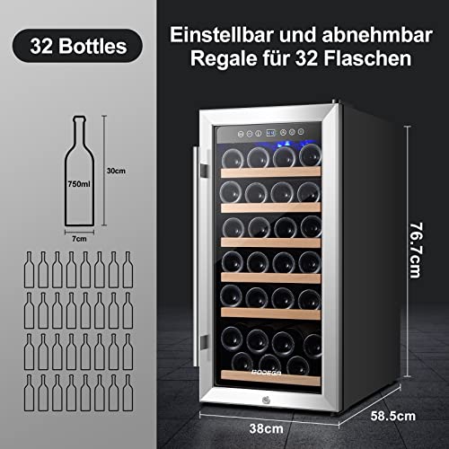 BODEGA Weinkühlschrank, 32 Flaschen 83 Liter, Touch-Bedienfeld, 5-18°C Kühlzone