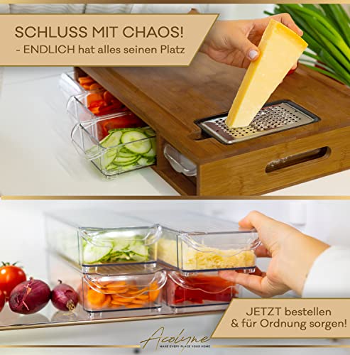 𝐀𝐜𝐨𝐥𝐲𝐧𝐞® XXL Schneidebrett mit Auffangschale aus hoch KARBONISIERTEN BAMBUS mit 4x Schäler-Aufsatz und Abdeckung | Frankfurter Brett | Schneidebrett Holz | Cutting board