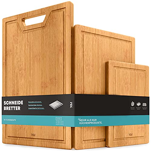 KITCHENMAPE Schneidebretter aus Bambus mit Saftrille - 37x24cm / 31x20cm / 23x15cm - 3 teiliges Schneidebrett Set - Küchenbrett extra groß - Holzbretter ideal zum Kochen - perfekt für Deine Küche