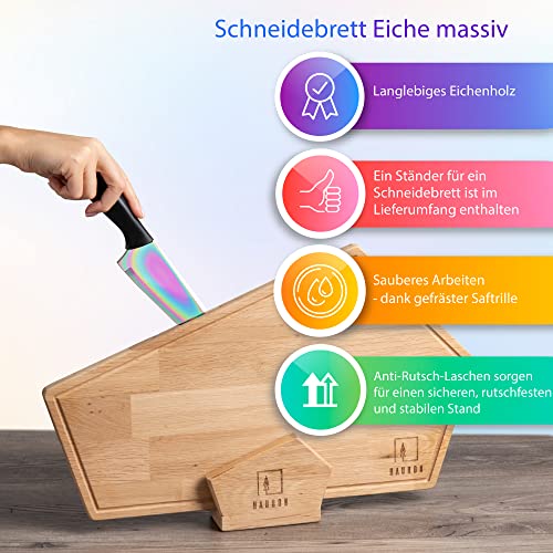 Hauron innovatives Eichen Schneidebrett mit großem Messer und Messerhalter (40x30x2) - Schneidbrett mit Saftrille aus Holz - Küchenbrett - Holzschneidebrett - Holzbrett massiv