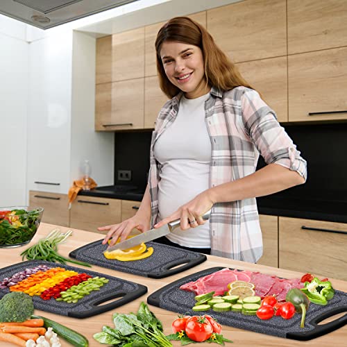 KIMIUP Schneidebrett kunststoff mit Saftrillen und rutschfeste Griffe, 3 Stücke, BPA-Free, Kunststoff Schneidebretter Marmor,professionelles Schneidebrett-Set, spülmaschinenfest