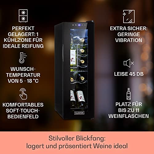 Klarstein Weinkühlschrank Shiraz, 1 Zonen Getränkekühlschrank Schmal, Leiser Kühlschrank mit Glastür
