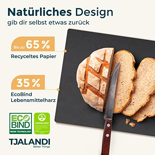 TJALANDI Schneidebrett Holz & Papierfaser Spülmaschinenfest I 41x27 Schneidebrett Groß als Servierbrett und Hackbrett, Antibakterielles Küchen-Brett - 100% Recycelt - Holzbrett neu gedacht (Schwarz)