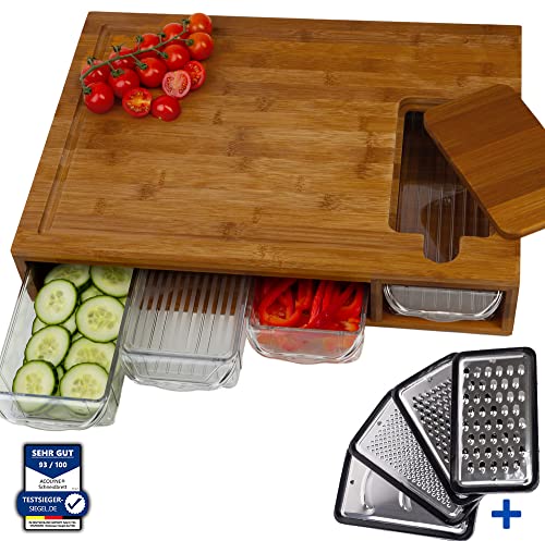 𝐀𝐜𝐨𝐥𝐲𝐧𝐞® XXL Schneidebrett mit Auffangschale aus hoch KARBONISIERTEN BAMBUS mit 4x Schäler-Aufsatz und Abdeckung | Frankfurter Brett | Schneidebrett Holz | Cutting board