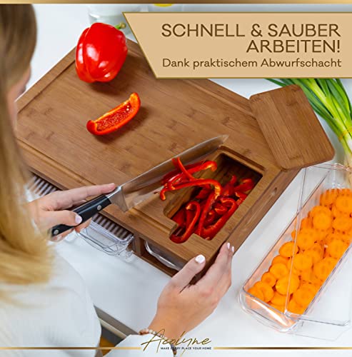 𝐀𝐜𝐨𝐥𝐲𝐧𝐞® XXL Schneidebrett mit Auffangschale aus hoch KARBONISIERTEN BAMBUS mit 4x Schäler-Aufsatz und Abdeckung | Frankfurter Brett | Schneidebrett Holz | Cutting board