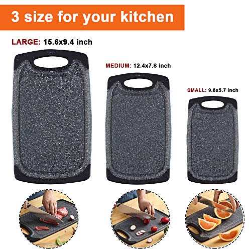 KIMIUP Schneidebrett kunststoff mit Saftrillen und rutschfeste Griffe, 3 Stücke, BPA-Free, Kunststoff Schneidebretter Marmor,professionelles Schneidebrett-Set, spülmaschinenfest