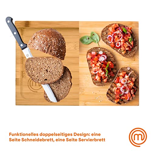 MasterChef Schneidebrett Holz, Holzbrett Küche aus Bambus, für Fleisch, Schinken, Brot, Käse, mit Saftrille und Anschlagkante, Natürlich, Nachhaltig, Spülmaschinenfest