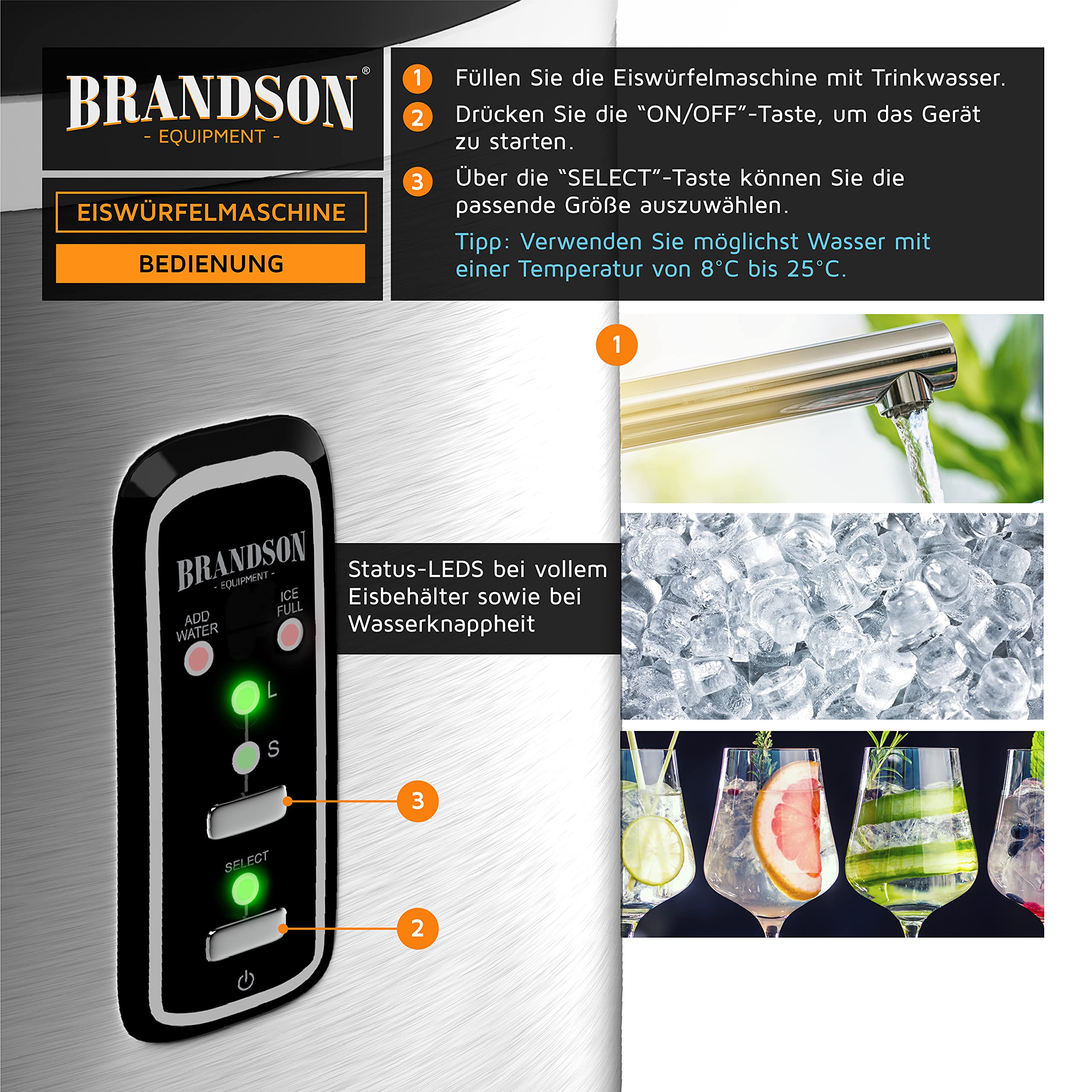 Brandson Eiswürfelmaschine – Eiswürfelbehälter 2,2 Liter - Edelstahl